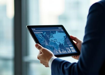 A business professional analyzing complex data visualizations on a tablet